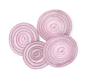 Photo of Fresh slices of red onion isolated on white, top view