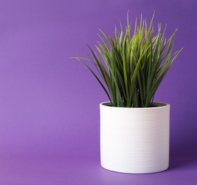 Beautiful artificial plant in flower pot on purple background, space for text