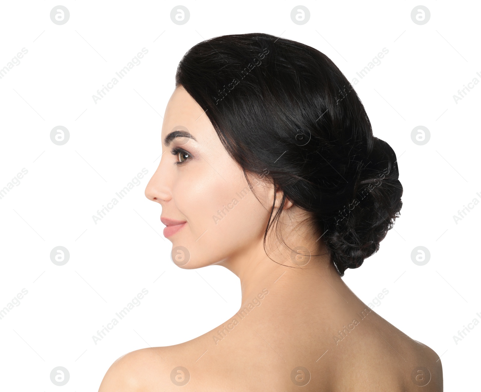 Photo of Portrait of young woman with beautiful hair on white background