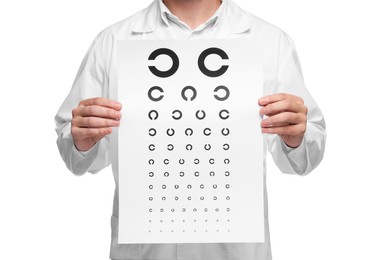 Photo of Ophthalmologist with vision test chart on white background, closeup