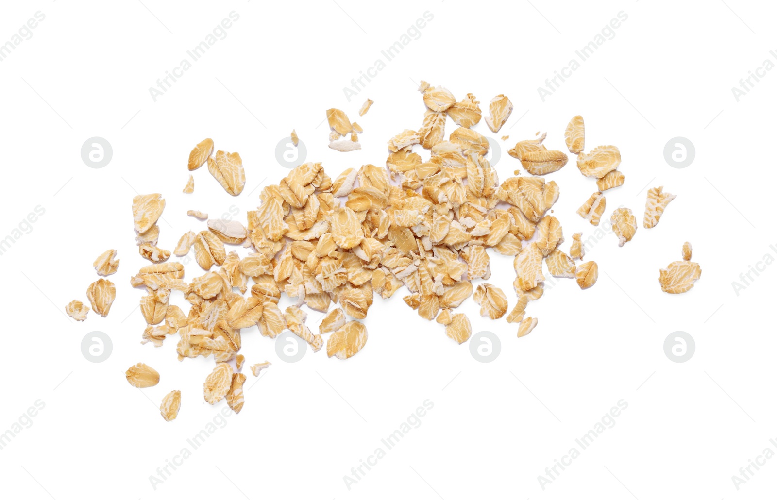 Photo of Pile of rolled oats isolated on white, top view