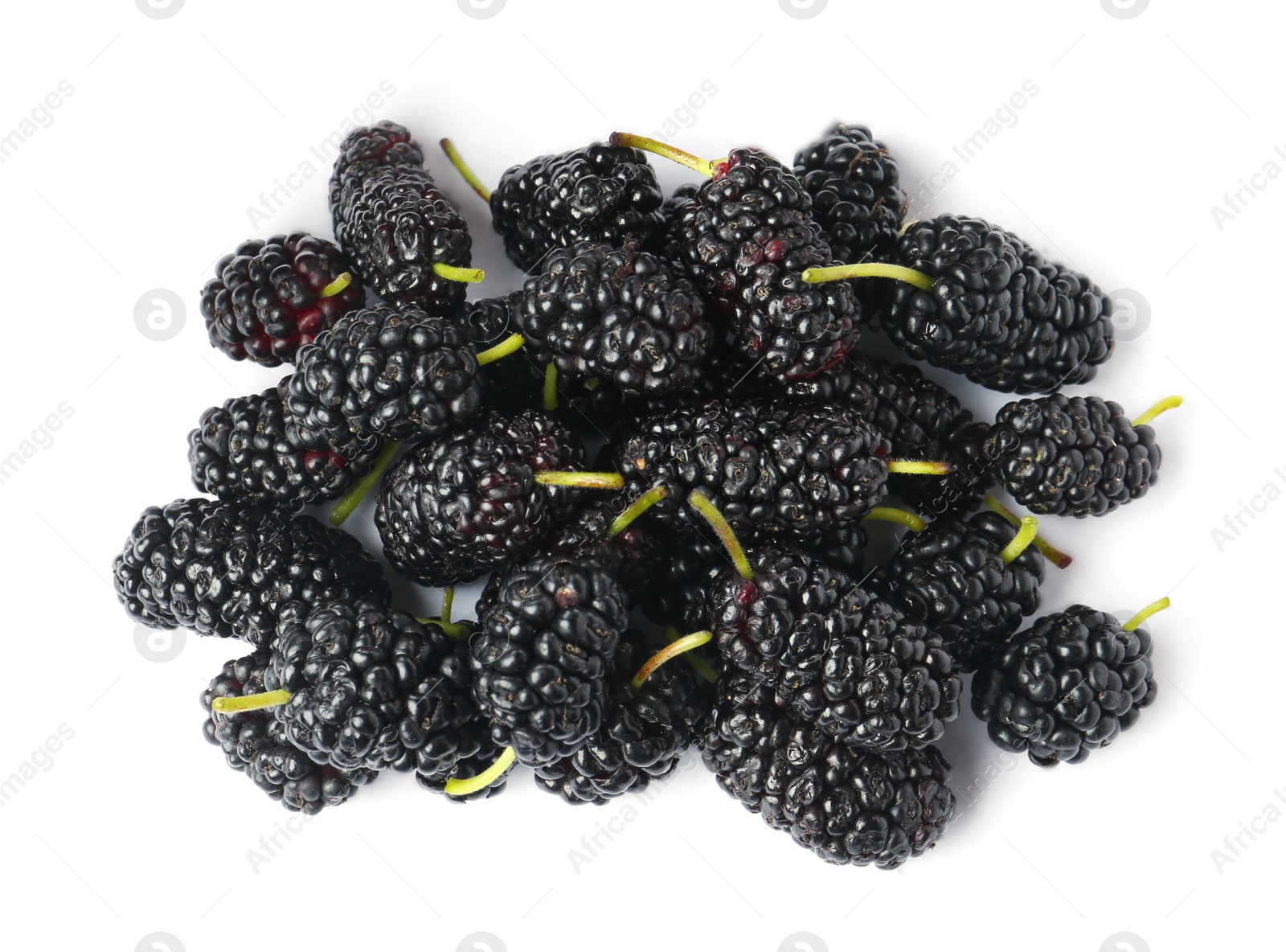 Photo of Pile of ripe black mulberries on white background, top view