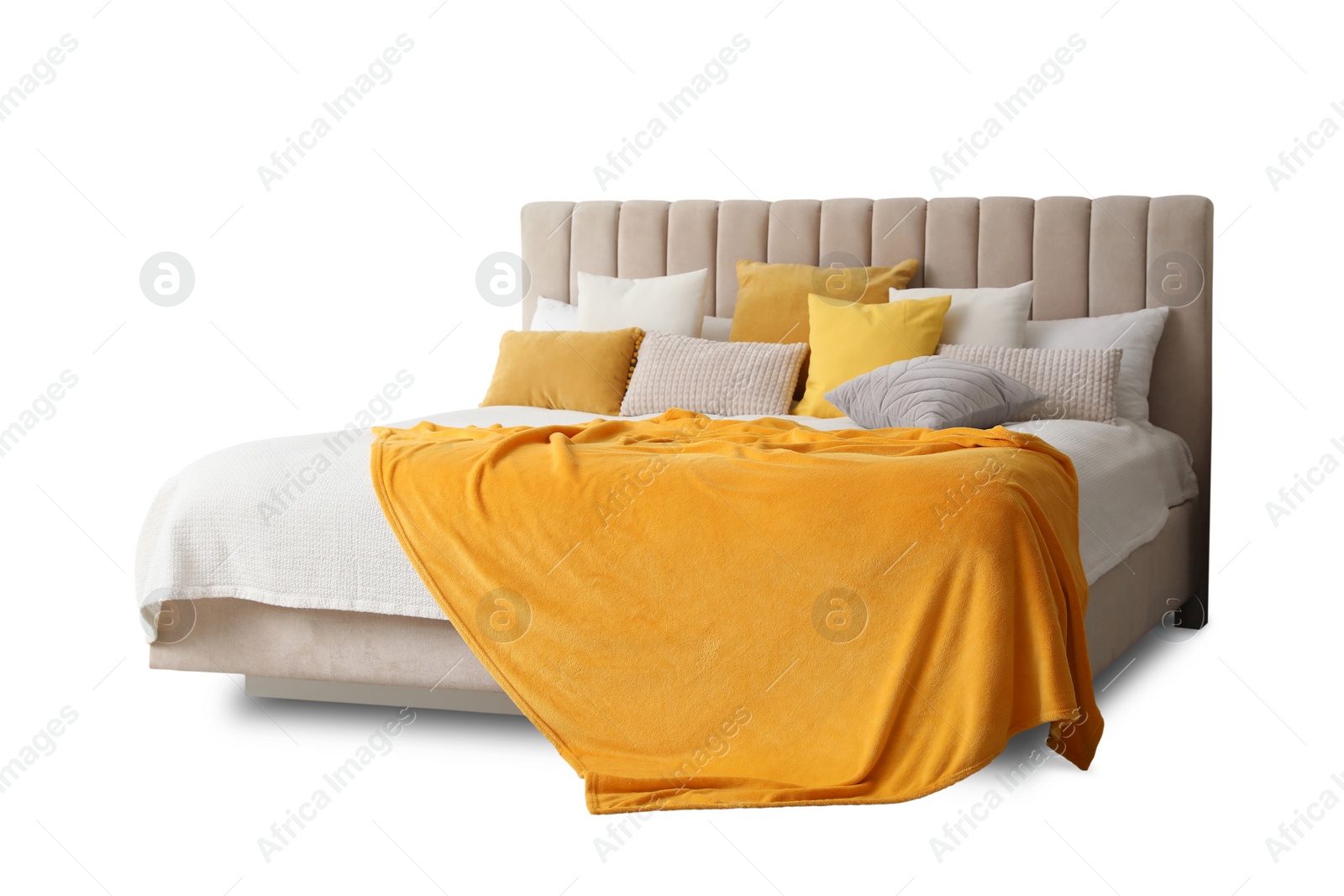 Image of Elegant cozy bed with headboard, blanket and pillows on white background