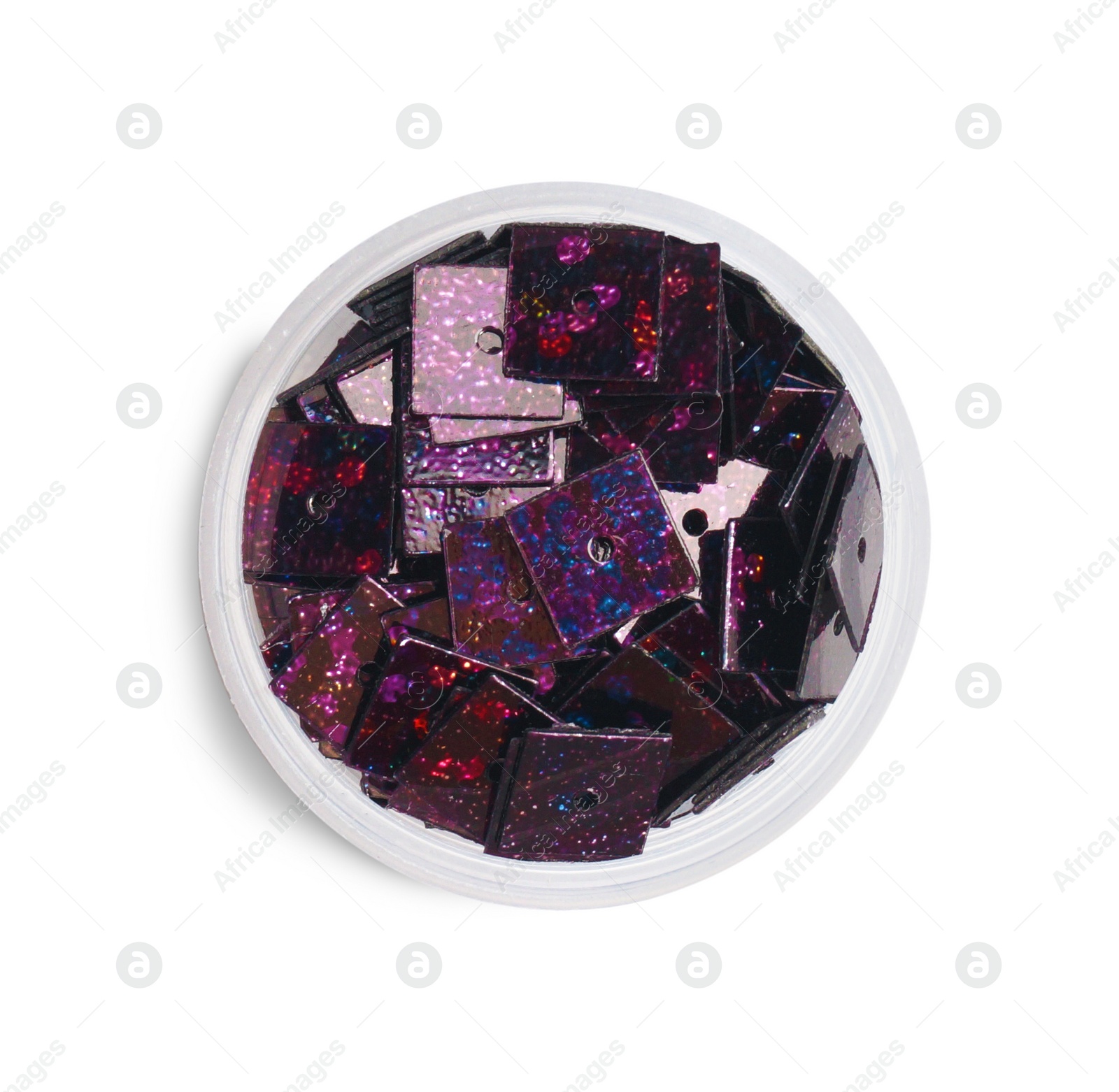 Photo of Violet sequins in container isolated on white, top view