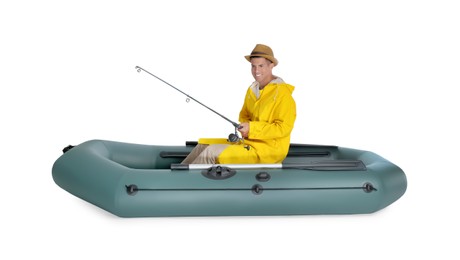 Photo of Man fishing with rod from inflatable rubber boat on white background