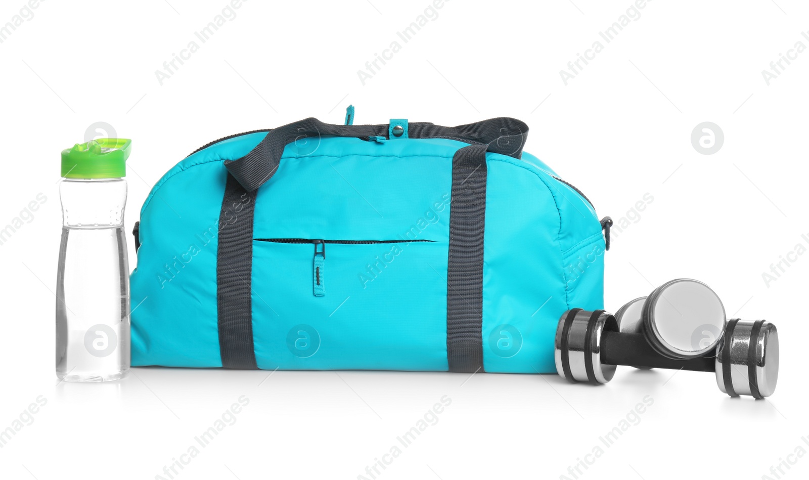 Photo of Sports bag and gym stuff on white background