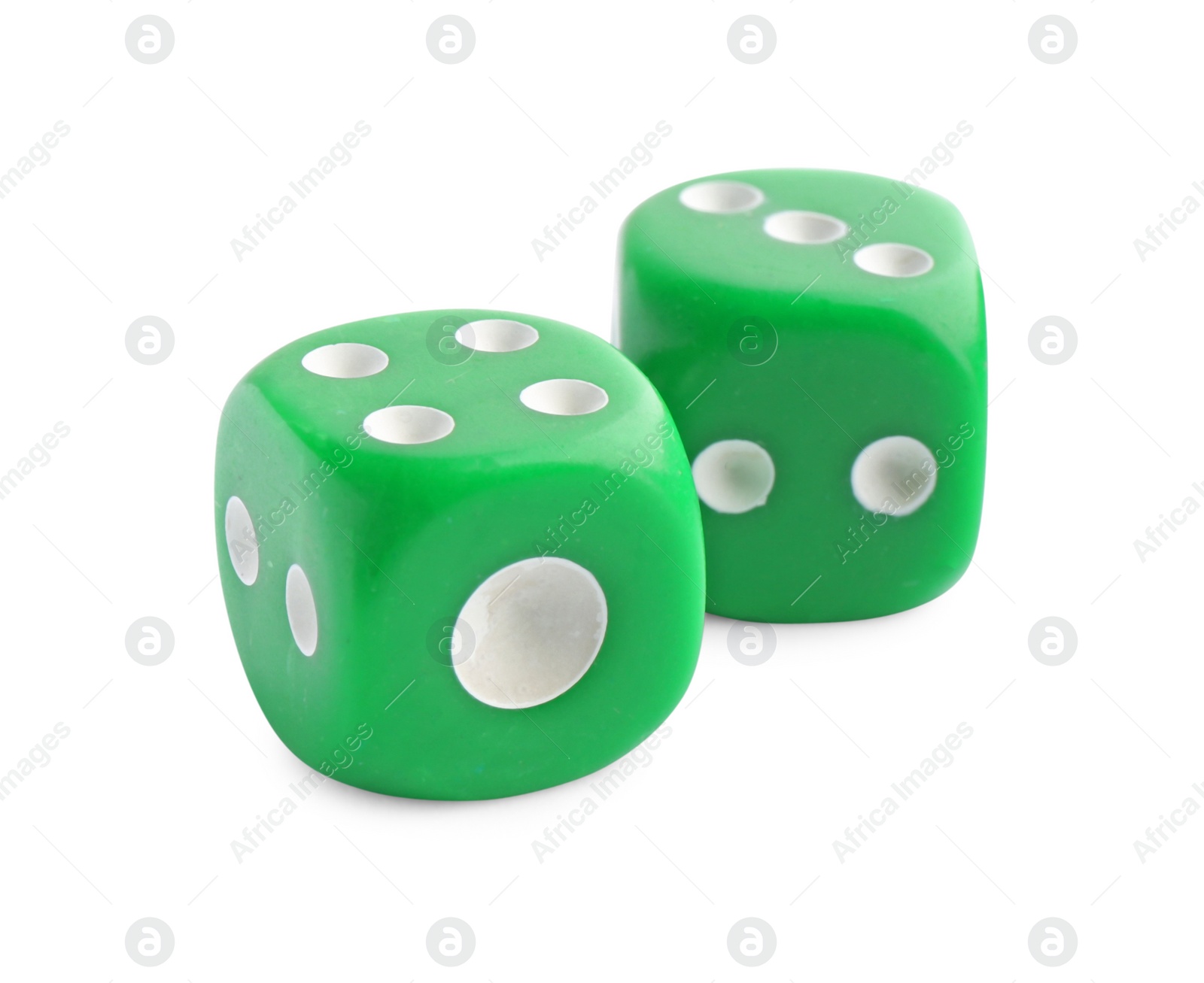 Photo of Two green game dices isolated on white