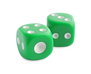 Two green game dices isolated on white