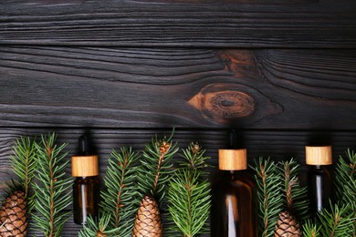 Photo of Bottles of aromatic essential oil, pine branches and cones on wooden table, flat lay. Space for text
