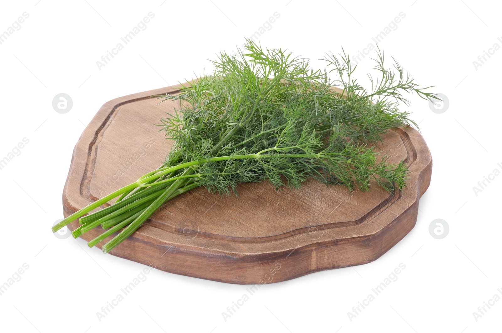 Photo of Serving board with sprigs of fresh dill isolated on white