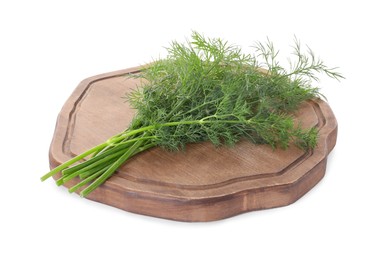 Photo of Serving board with sprigs of fresh dill isolated on white