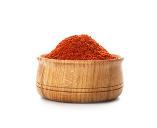 Photo of Bowl of chili pepper powder on white background