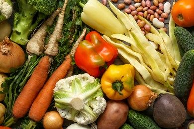 Different fresh vegetables as background, top view. Farmer harvesting