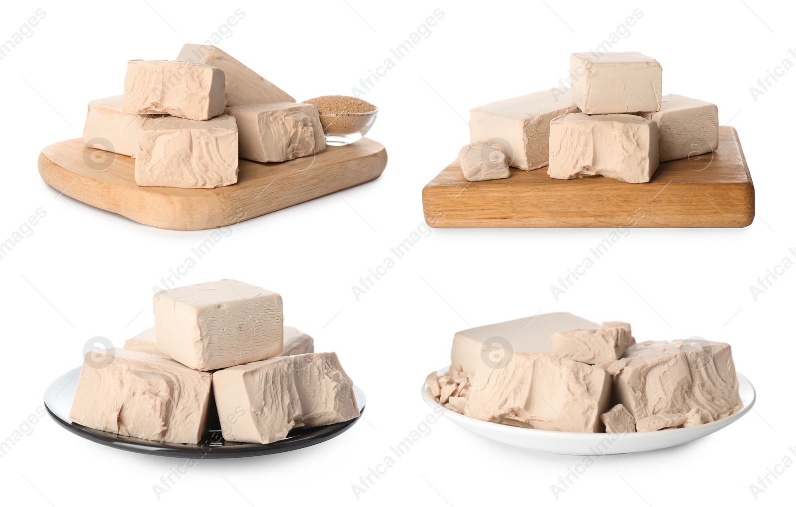 Image of Set with compressed yeast on white background