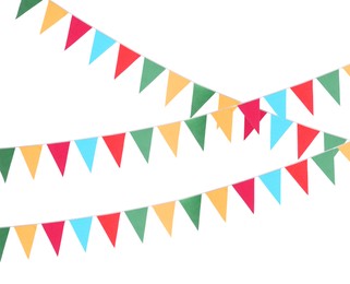 Image of Colorful triangular bunting flags on white background. Festive decor