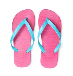 Photo of Pair of stylish pink flip flops isolated on white, top view