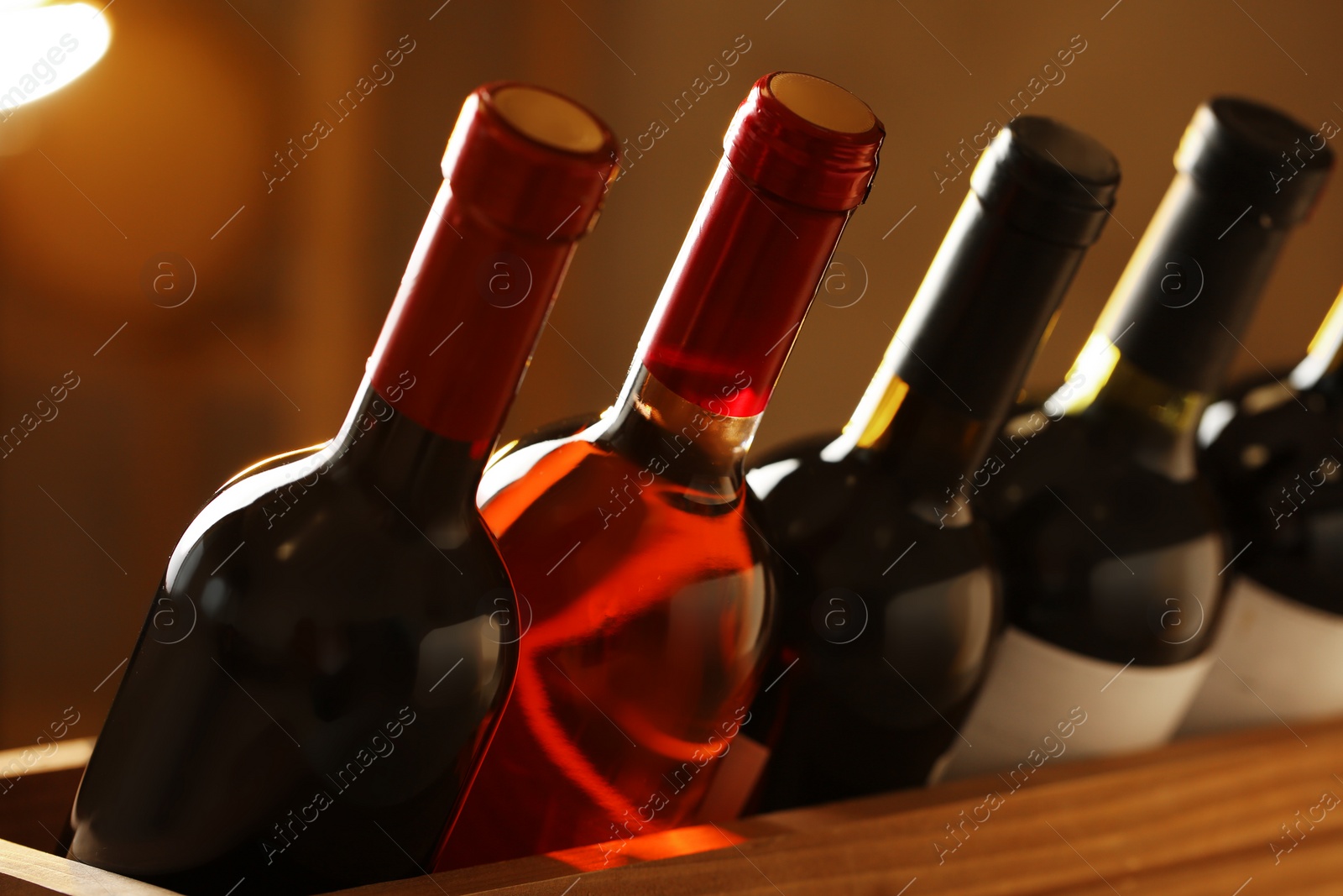 Photo of Bottles of different wines, closeup. Expensive collection