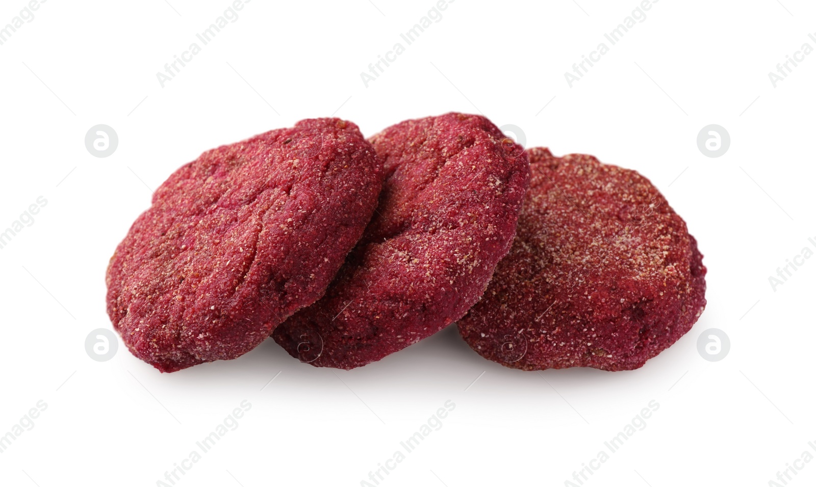 Photo of Three tasty vegan cutlets isolated on white