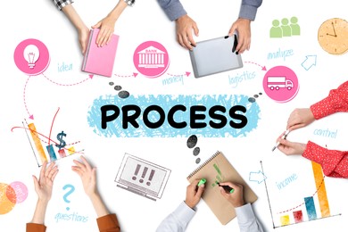 Image of Discussing business process. People and different illustrations on white background, top view