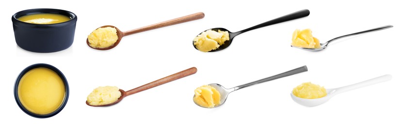 Image of Set with tasty ghee butter on white background. Banner design