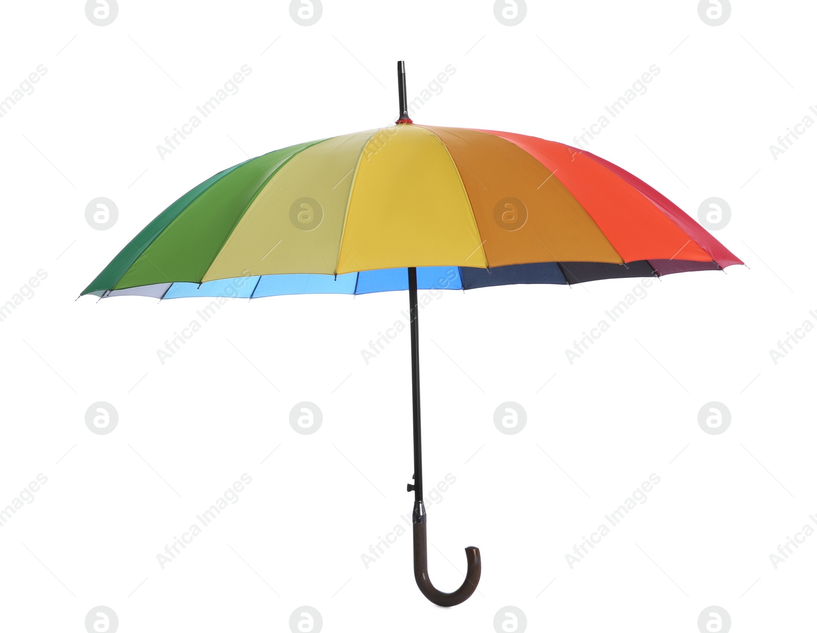 Photo of One open colorful umbrella isolated on white