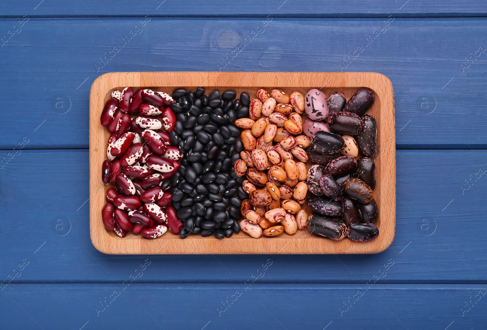 Photo of Plate with different kinds of dry kidney beans on blue wooden table, top view