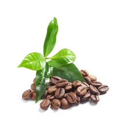 Photo of Fresh green leaves and pile of coffee beans isolated on white