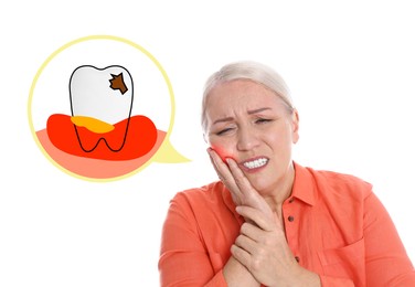 Image of Mature woman suffering from toothache on white background