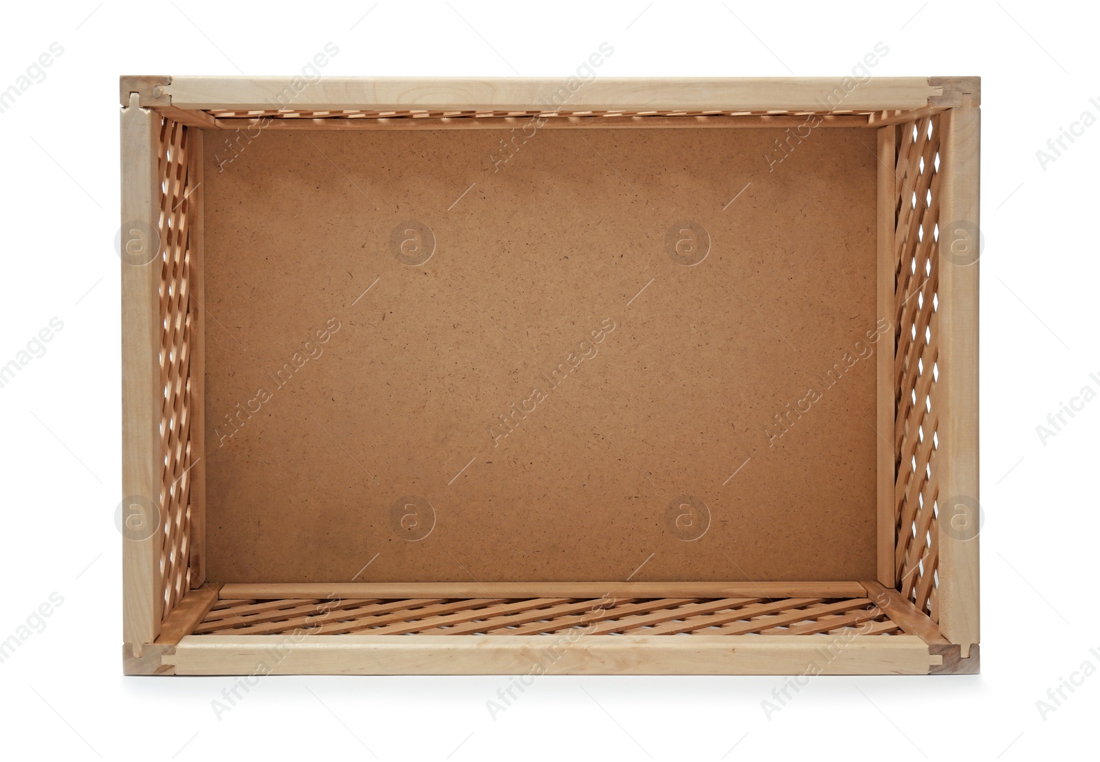 Photo of Empty open wooden crate isolated on white