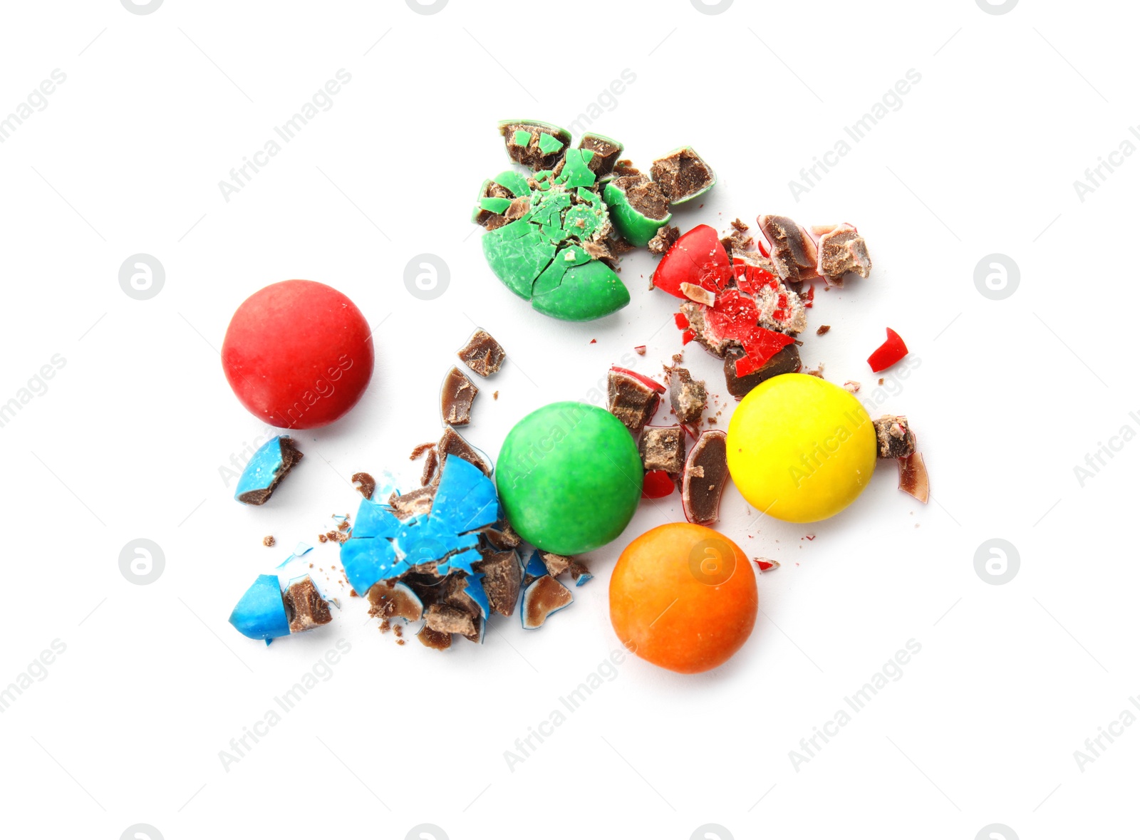 Photo of Crushed candies on white background, top view