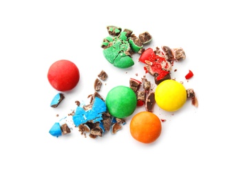 Photo of Crushed candies on white background, top view