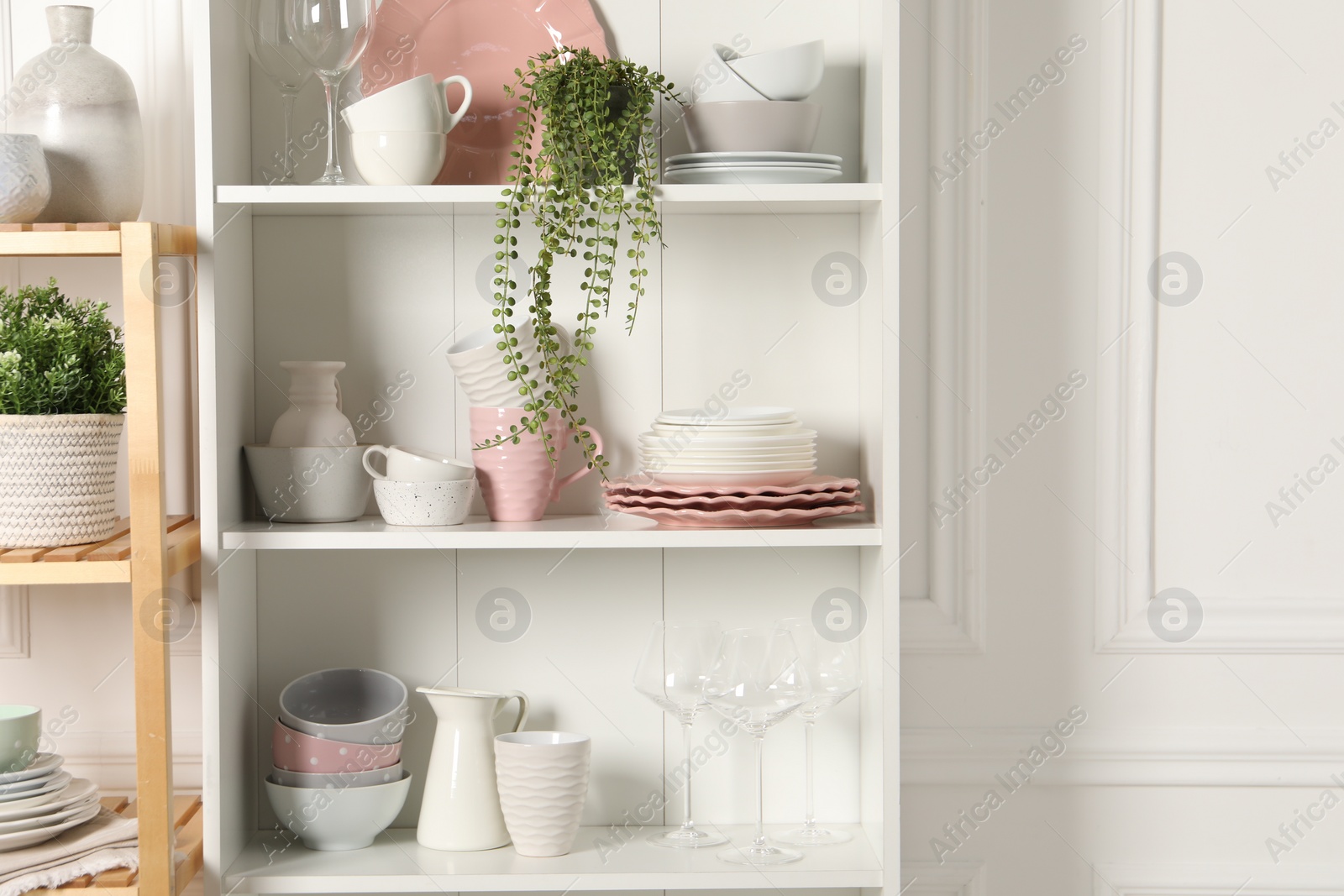 Photo of Different clean dishware and houseplants on shelves in cabinet indoors. Space for text