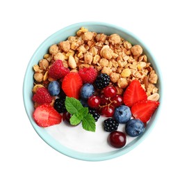 Tasty granola with berries on white background. Healthy meal