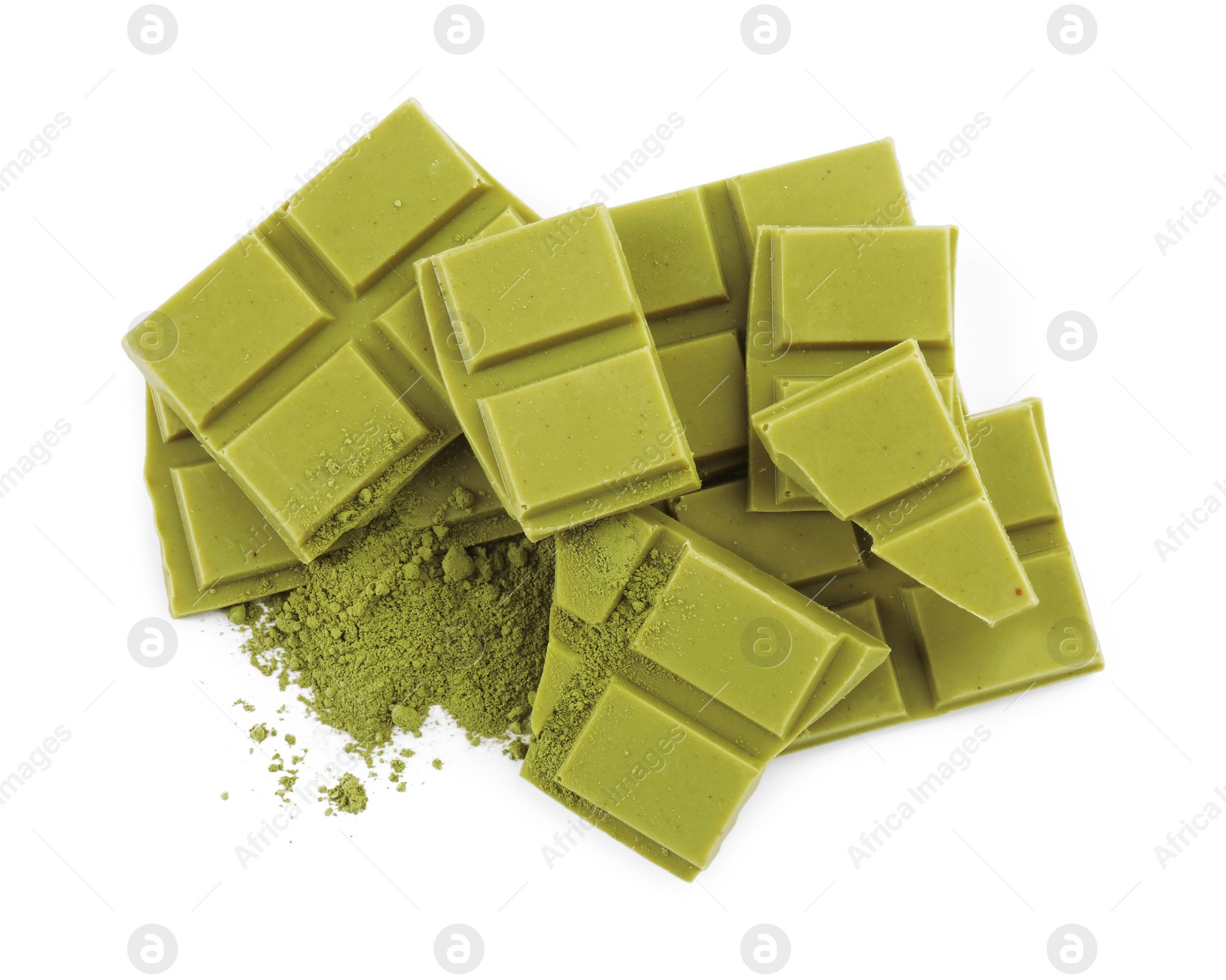 Photo of Pieces of tasty matcha chocolate bar and powder isolated on white, top view