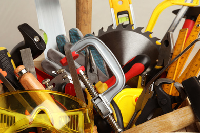 Photo of Closeup view of different modern carpenter's tools
