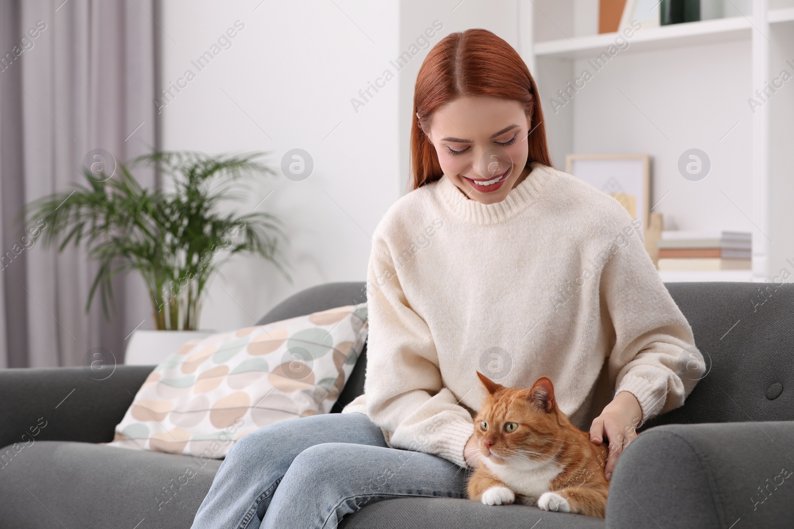 Photo of Woman with her cute cat on sofa at home