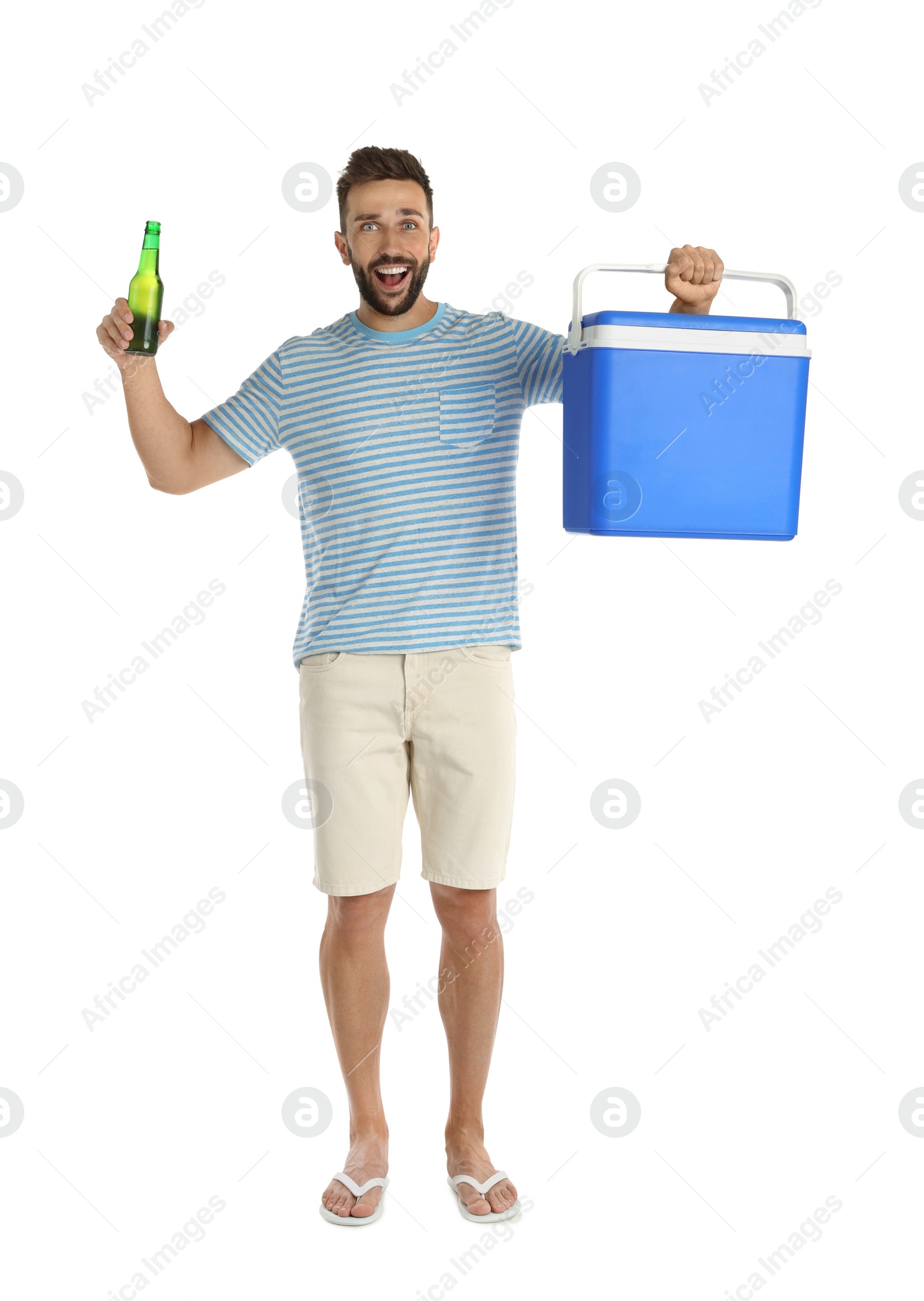 Photo of Happy man with cool box and bottle of beer on white background