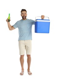 Photo of Happy man with cool box and bottle of beer on white background