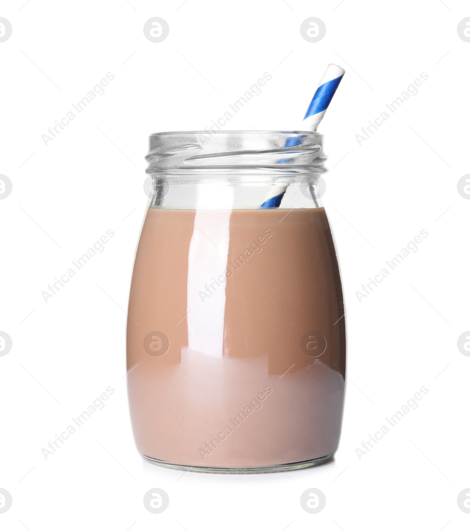 Photo of Jar with tasty chocolate milk on white background. Dairy drink