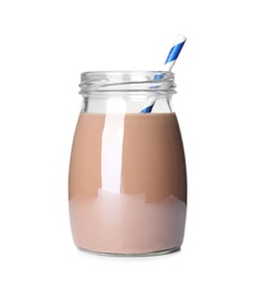 Photo of Jar with tasty chocolate milk on white background. Dairy drink