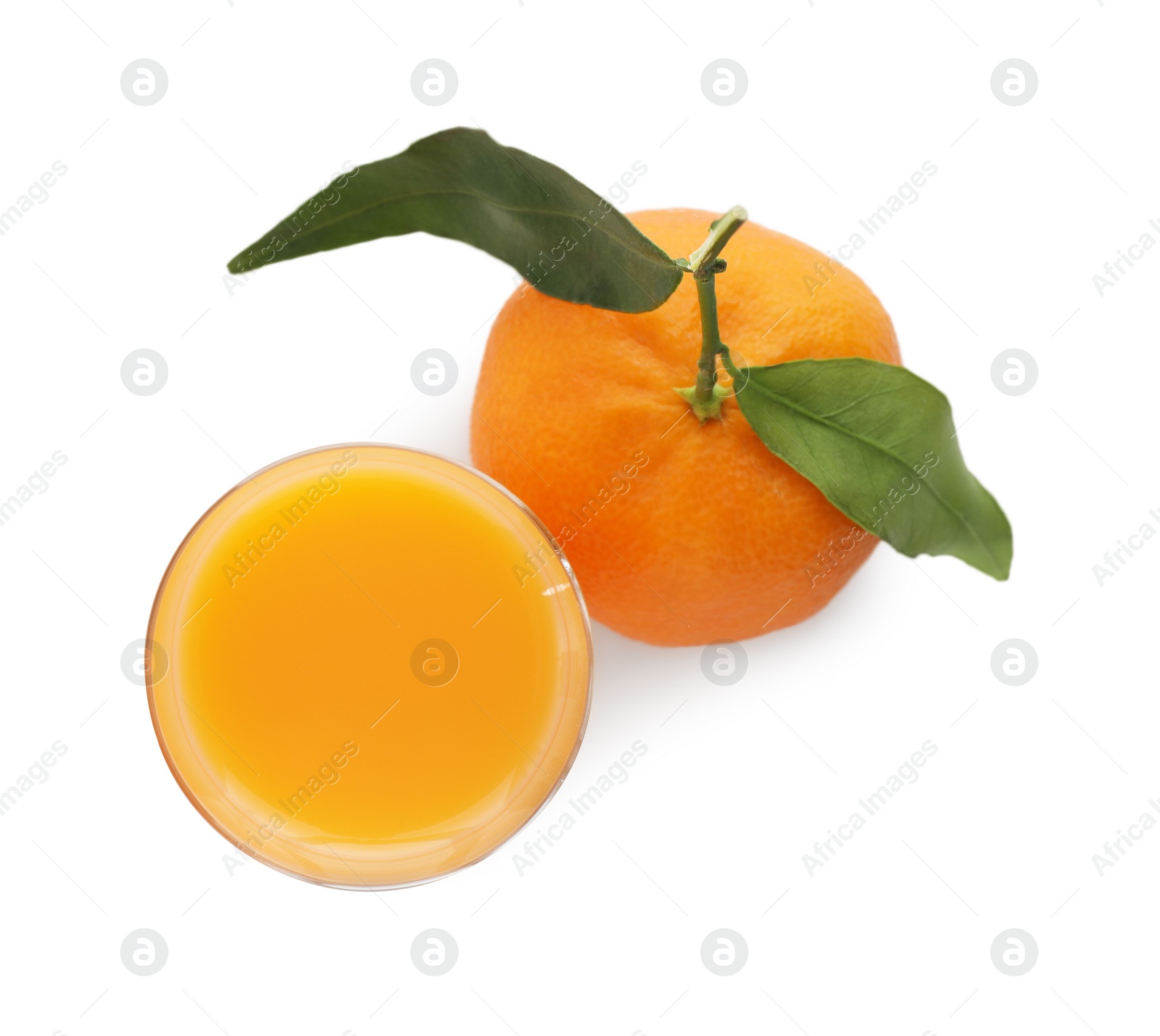 Photo of Tasty tangerine liqueur in shot glass and fresh fruit isolated on white, top view