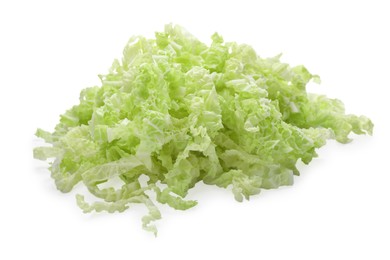 Photo of Pile of chopped Chinese cabbage on white background