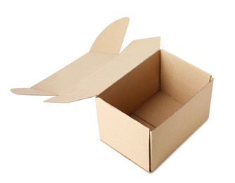 Photo of Empty open cardboard box isolated on white
