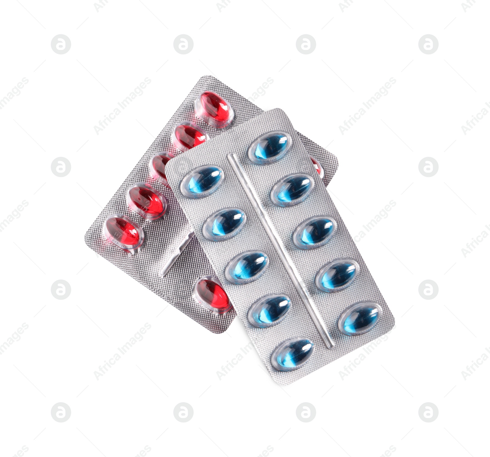 Photo of Blisters with different pills on white background, top view