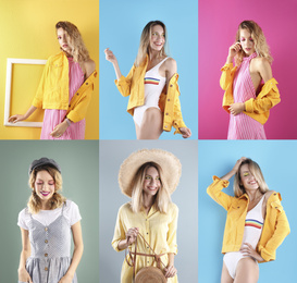 Collage of beautiful young woman posing on different color backgrounds