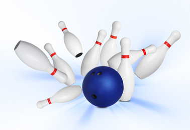 Image of Bowling pins and ball on white background
