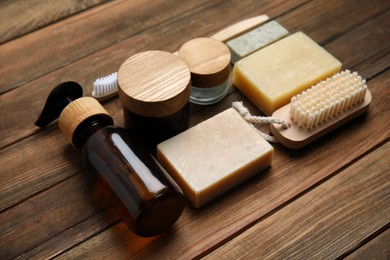 Photo of Eco friendly personal care products on wooden table, closeup