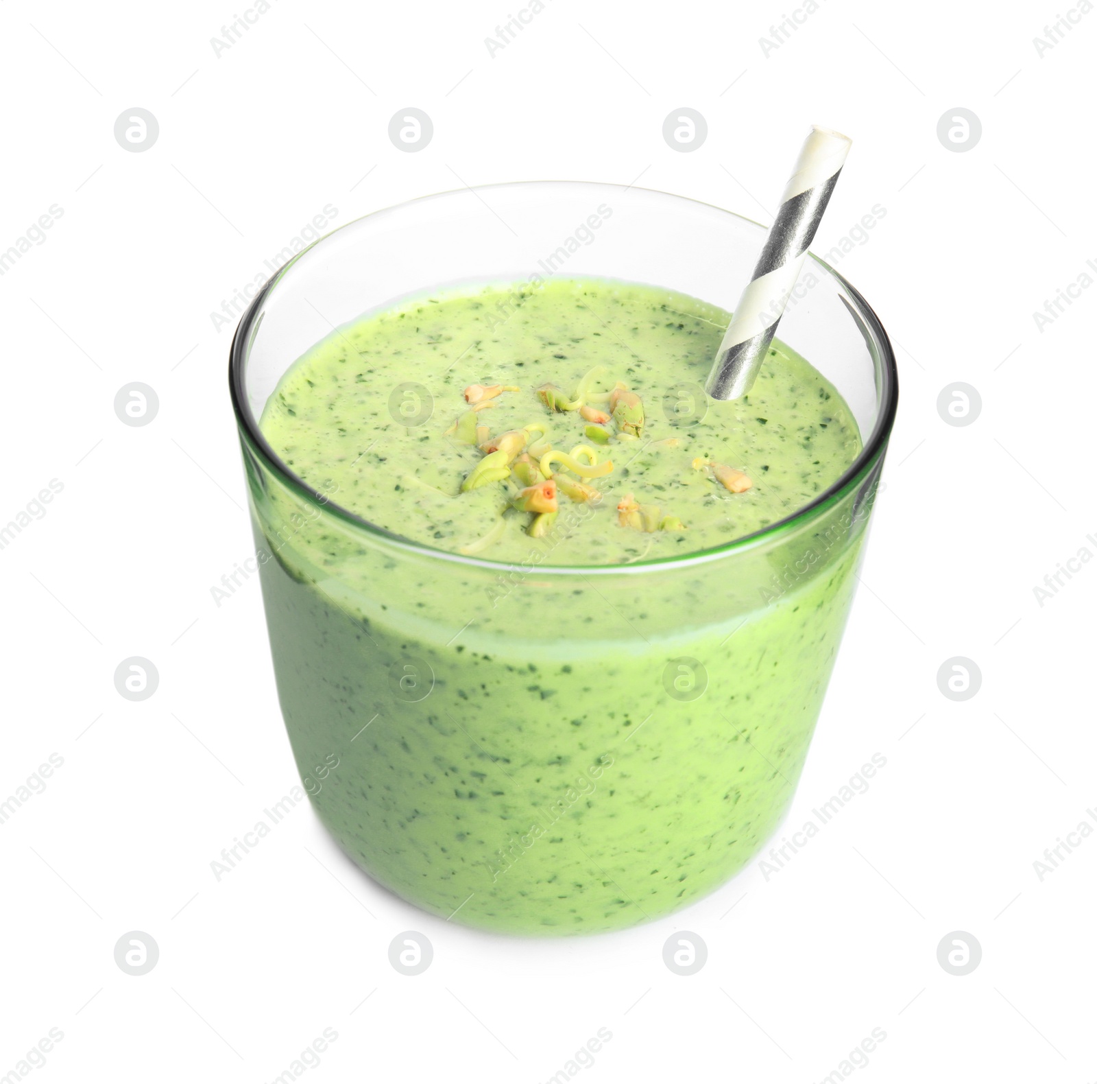 Photo of Glass of green buckwheat smoothie isolated on white