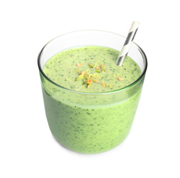 Glass of green buckwheat smoothie isolated on white