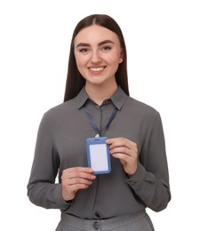 Happy woman with blank badge on white background